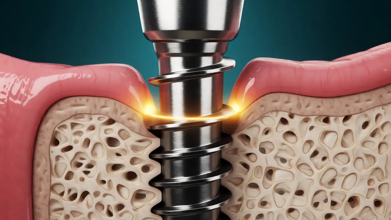 Ilustrace zubního implantátu srostlého s kostní tkání