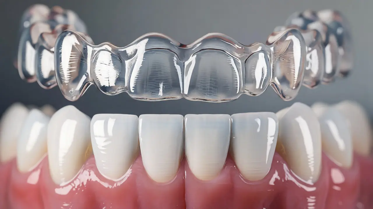 Průhledný Invisalign nasazený na zuby připravené k fazetám