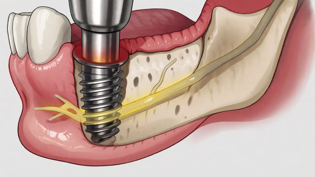 Řez dolní čelistí s implantátem a nervem