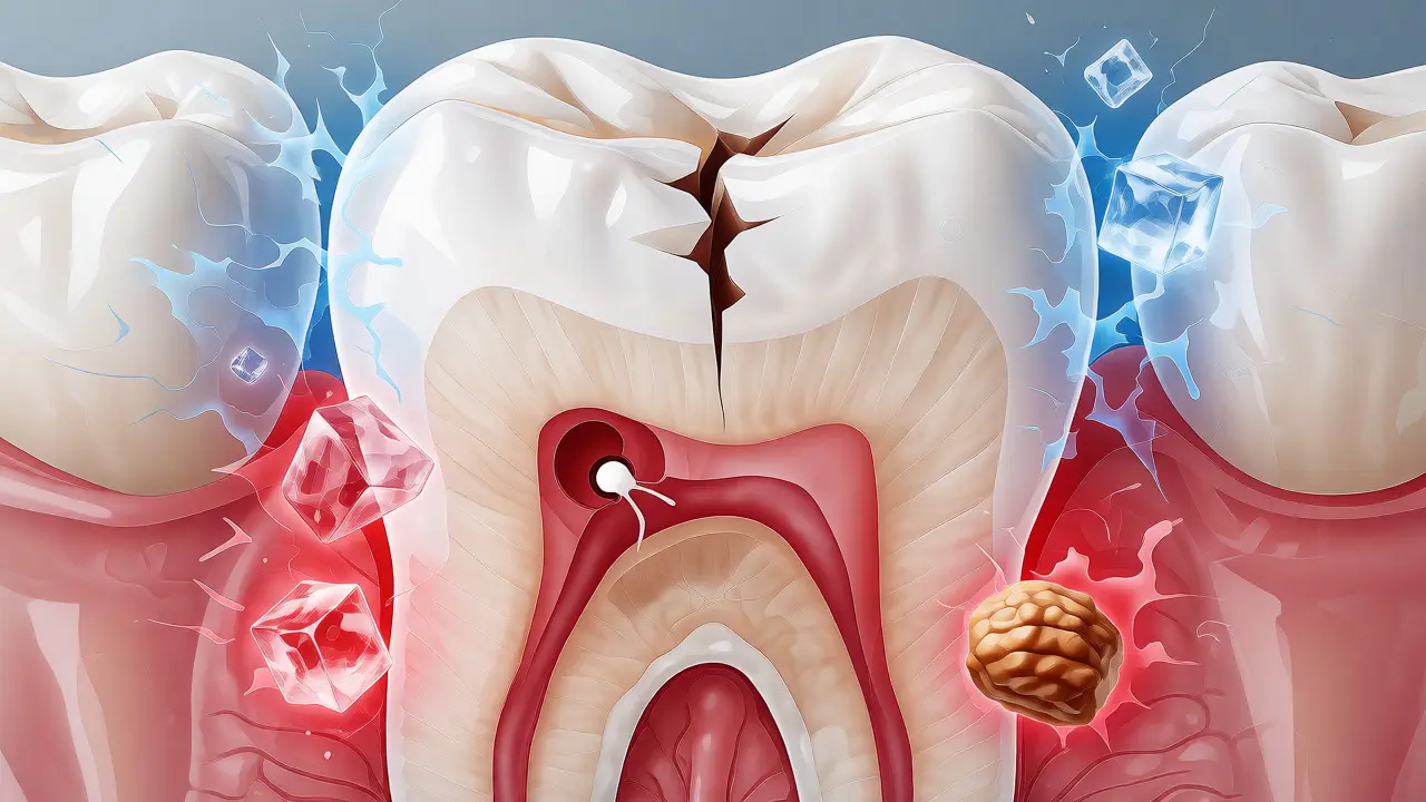 Řez zubem znázorňující prasklinu pronikající do dentinu a dřeně