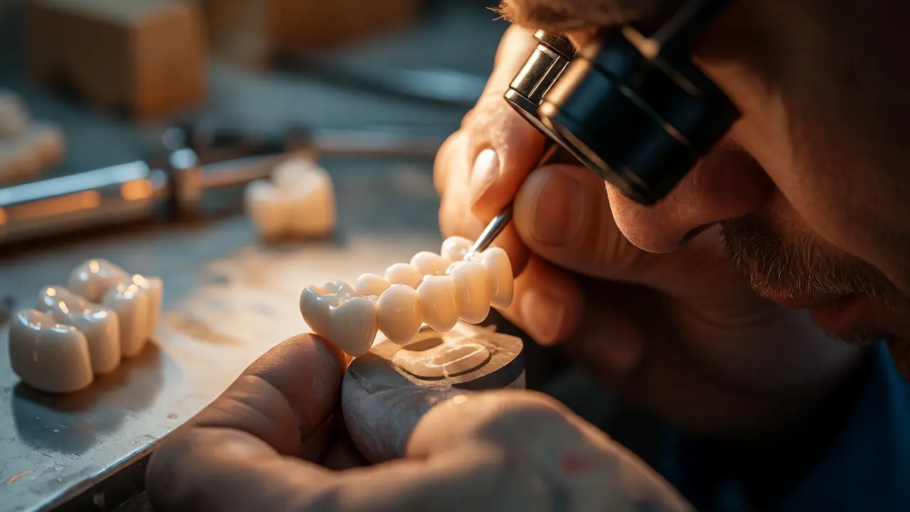 Technik v laboratoři dokončuje keramickou korunku pod lupou