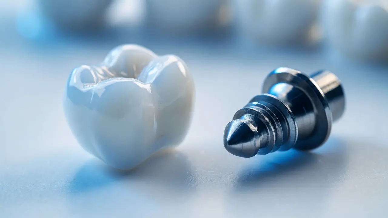 Zirkonová korunka a titanový implantát vedle sebe